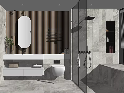 Modern Bathroom Interior Design With Oval Mirror Wooden Striped Wall Glass Shower And Marble Tiles 3d model