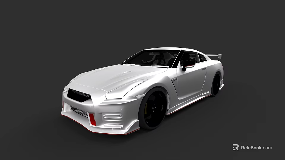 Sleek Silver Nissan GT R Sports Car With Streamlined Body Black Wheels And Red Accents 3d model 
