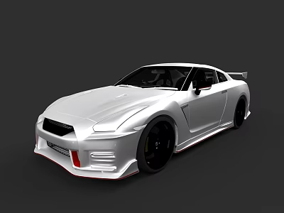 Sleek Silver Nissan GT R Sports Car With Streamlined Body Black Wheels And Red Accents 3d model
