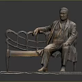Male Figure Bronze Statue Sitting On Bench With Coat Vest And Lattice Backrest