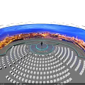 CENTEX Venue With Large Curved Screen Cityscape Blue Laser Beams White Seats Circular Arrangement