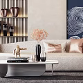 Modern Beige Sofa And White Coffee Table Set With Cushions Abstract Painting And Pendant Light