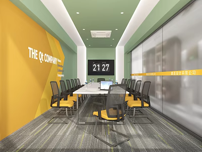 Modern Conference Room with Yellow Green Walls Company Sign Meeting Table Chairs Laptop Large Screen 3d model