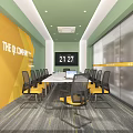 Modern Conference Room with Yellow Green Walls Company Sign Meeting Table Chairs Laptop Large Screen