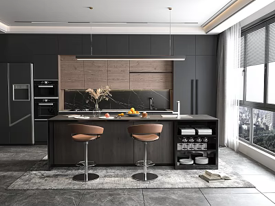 Modern Restaurant Kitchen with Black Cabinets Wooden Island Bar Stools and Large Window 3d model