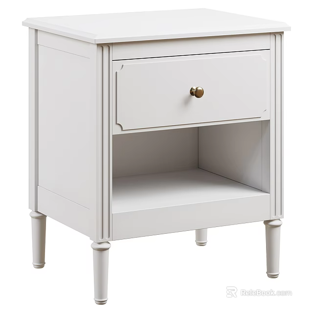 Stylish White Bedside Table With Single Drawer Brass Knob And Open Shelf 3d model