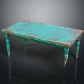 Vintage Turquoise Distressed Wooden Table With Carved Legs And Rustic Charm