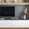 Modern TV Stand Design With Wooden Wall White Drawers Upper Shelves Decorations And Books