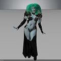 Green Haired Blue Skinned Fantasy Character Standing In Black Long Dress With Metallic Armor