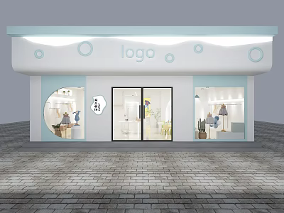 Modern Clothing Store Exterior With White And Light Blue Design Glass Doors And Display Windows 3d model
