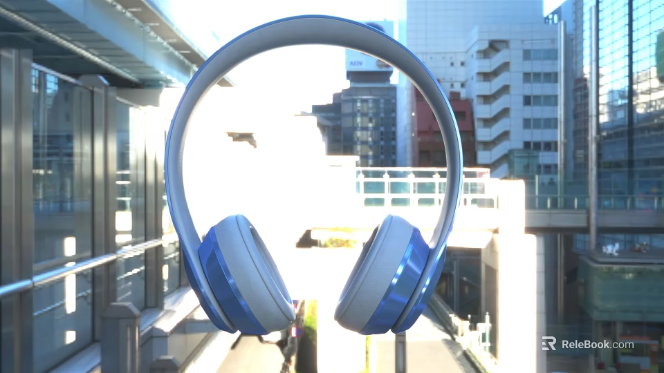 Blue Over Ear Headphones With Sleek Design In Urban City Background 3d model 