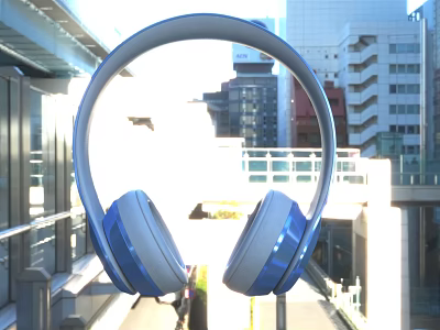 Blue Over Ear Headphones With Sleek Design In Urban City Background 3d model