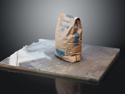 Construction Material Bag With Blue Label And Spilled Powder On Concrete Platform 3d model