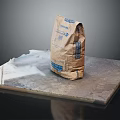 Construction Material Bag With Blue Label And Spilled Powder On Concrete Platform
