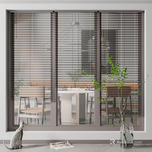 Window Blinds in Modern Interior with Dining Table Chairs and Green Plants 3d model 