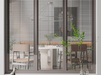 Window Blinds in Modern Interior with Dining Table Chairs and Green Plants 3d model