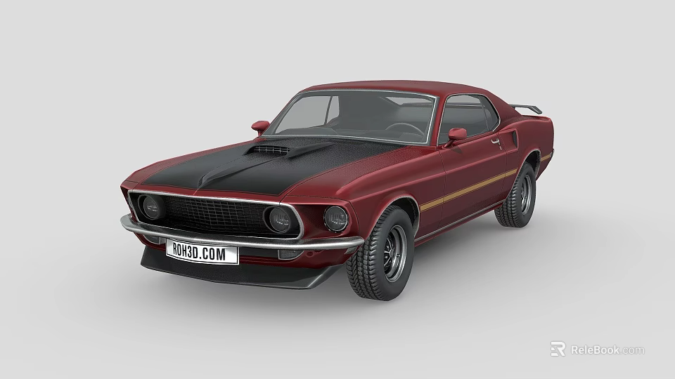 Red Classic Two Door Muscle Car With Black Hood Gold Stripes And Vintage Style 3d model 