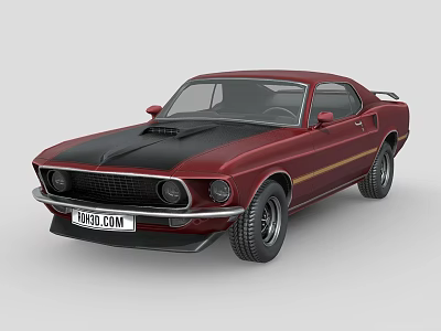 Red Classic Two Door Muscle Car With Black Hood Gold Stripes And Vintage Style 3d model