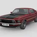 Red Classic Two Door Muscle Car With Black Hood Gold Stripes And Vintage Style