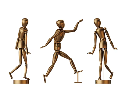 Three Piece Bronze Wooden Decorative Figurine Set With Human Shaped Figurines Various Poses And Base 3d model