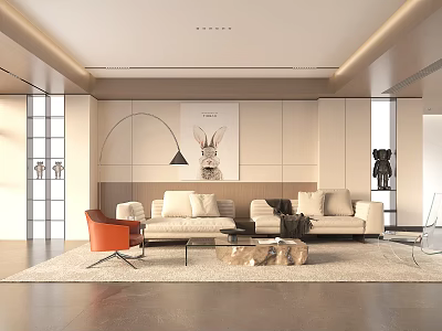 Elegant Modern Living Room Interior With Sofa Rug Artwork Floor Lamp And Orange Accent Chair 3d model