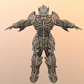 Game Movie Character with Intricate Metallic Armor Skeletal Design Elements 3D Rendered Warrior Pose