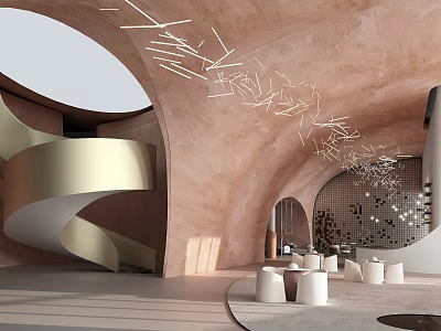 Modern Sales Office Interior With Spiral Staircase Circular Dome White Seats And Lighting Decorations 3d model