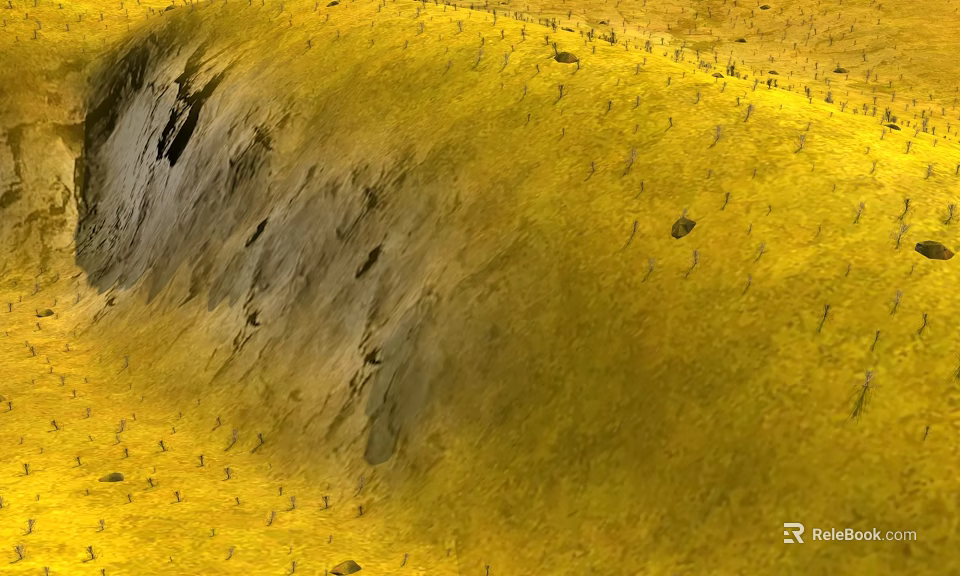 Natural Yellow Hillside Scenery With Rocky Outcrops And Scattered Small Plants 3d model 