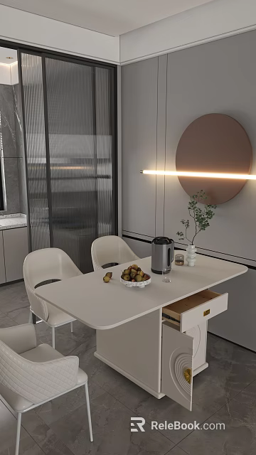 Modern Restaurant With White Dining Table Chairs Fruit Bowl Green Plant Round Mirror And Lighting 3d model 