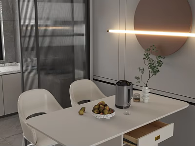 Modern Restaurant With White Dining Table Chairs Fruit Bowl Green Plant Round Mirror And Lighting 3d model