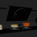 Modern Kitchen With Gray Cabinets Black Range Hood Toaster And Cookware On Dark Countertop