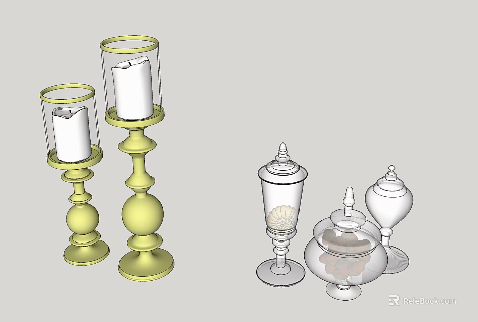 Yellow Candle Lamps with Decorative Bases and Glass Containers for Home Decor 3d model 