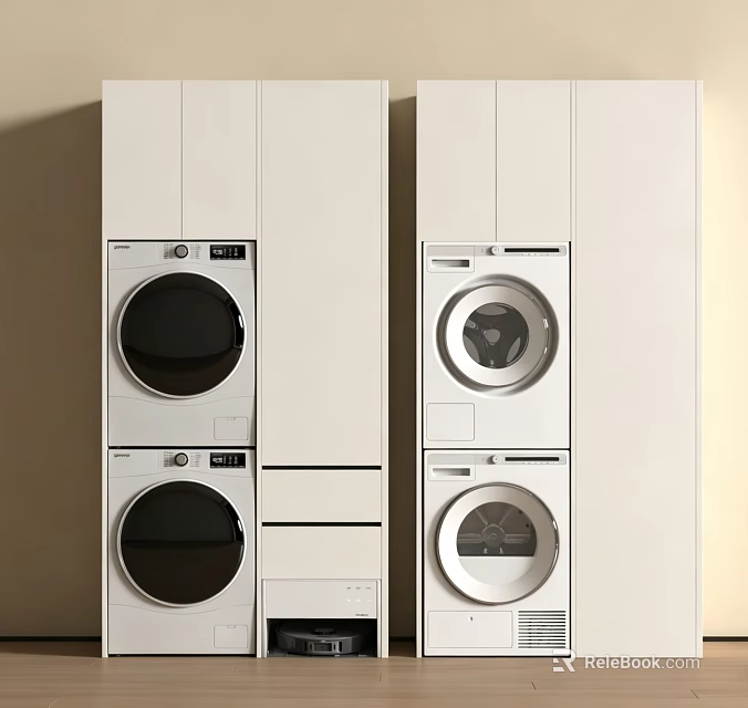 Modern White Stacked Washing Machines With Integrated Cabinets In Home Laundry Room 3d model 