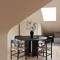 Black Round Dining Table Set With Chairs Vase Fruit Plate Beige Walls And Skylight