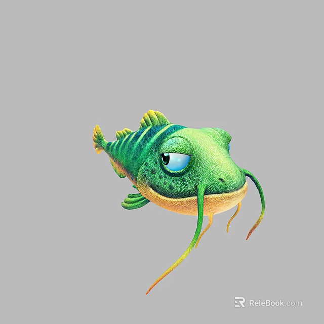 Green Striped Fish With Long Barbels Large Eyes Cartoon Aquatic Animal Art 3d model 
