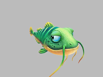 Green Striped Fish With Long Barbels Large Eyes Cartoon Aquatic Animal Art 3d model