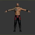 Shirtless Man With Tattoos In Black And Red Wrestling Pants Standing With Arms Outstretched