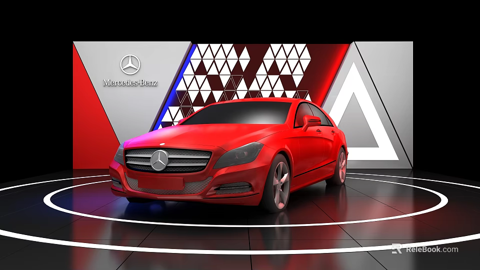 Modern Display Shelves for Red Mercedes Car Exhibition in Showroom with Geometric Background and Logo 3d model 