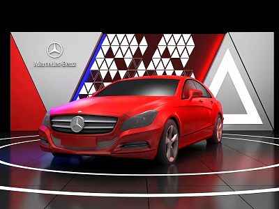 Modern Display Shelves for Red Mercedes Car Exhibition in Showroom with Geometric Background and Logo 3d model