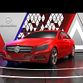 Modern Display Shelves for Red Mercedes Car Exhibition in Showroom with Geometric Background and Logo