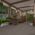 Joyful Restaurant Exterior With Green Awning Glass Windows Brick Walls And Potted Plants