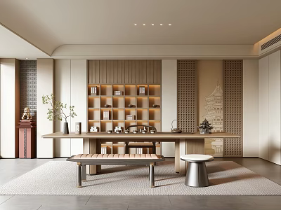 Tranquil Tea Room Interior With Wooden Shelves Tea Sets And Natural Light 3d model