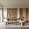 Tranquil Tea Room Interior With Wooden Shelves Tea Sets And Natural Light