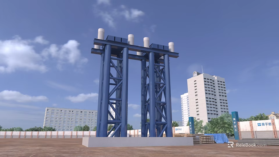 Large Blue Industrial Equipment Structure With White Cylindrical Components In Urban Area 3d model 