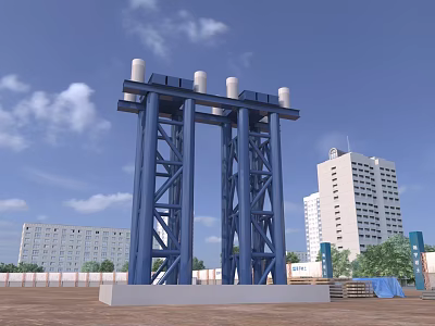 Large Blue Industrial Equipment Structure With White Cylindrical Components In Urban Area 3d model
