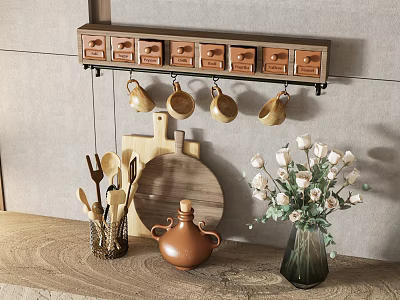 Stylish Kitchen Utensils Display With Wall Mounted Spice Jars Copper Mugs And White Roses 3d model