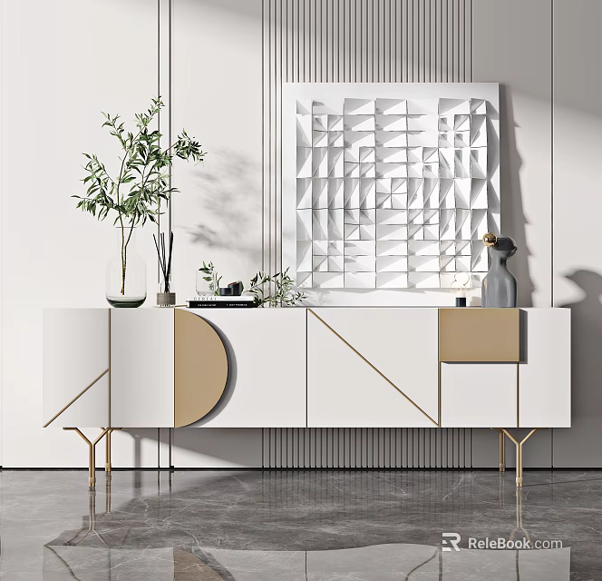 Modern White and Gold TV Stand with Geometric Design Green Plant and Vertical Striped Wall 3d model 