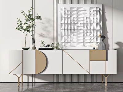 Modern White and Gold TV Stand with Geometric Design Green Plant and Vertical Striped Wall 3d model