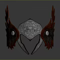 Ornate Metallic Helmet With Silver Base Intricate Carvings Red Feather Accents And Round Gemstones