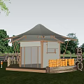 Modern Campsite Tent with Wooden Structure Transparent Doors in Grassy Area Surrounded by Trees